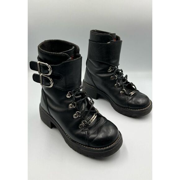Harley Davidson Double Buckle Leather Lace Up Combat Riding Boot Womens Size 6 - Picture 1 of 14